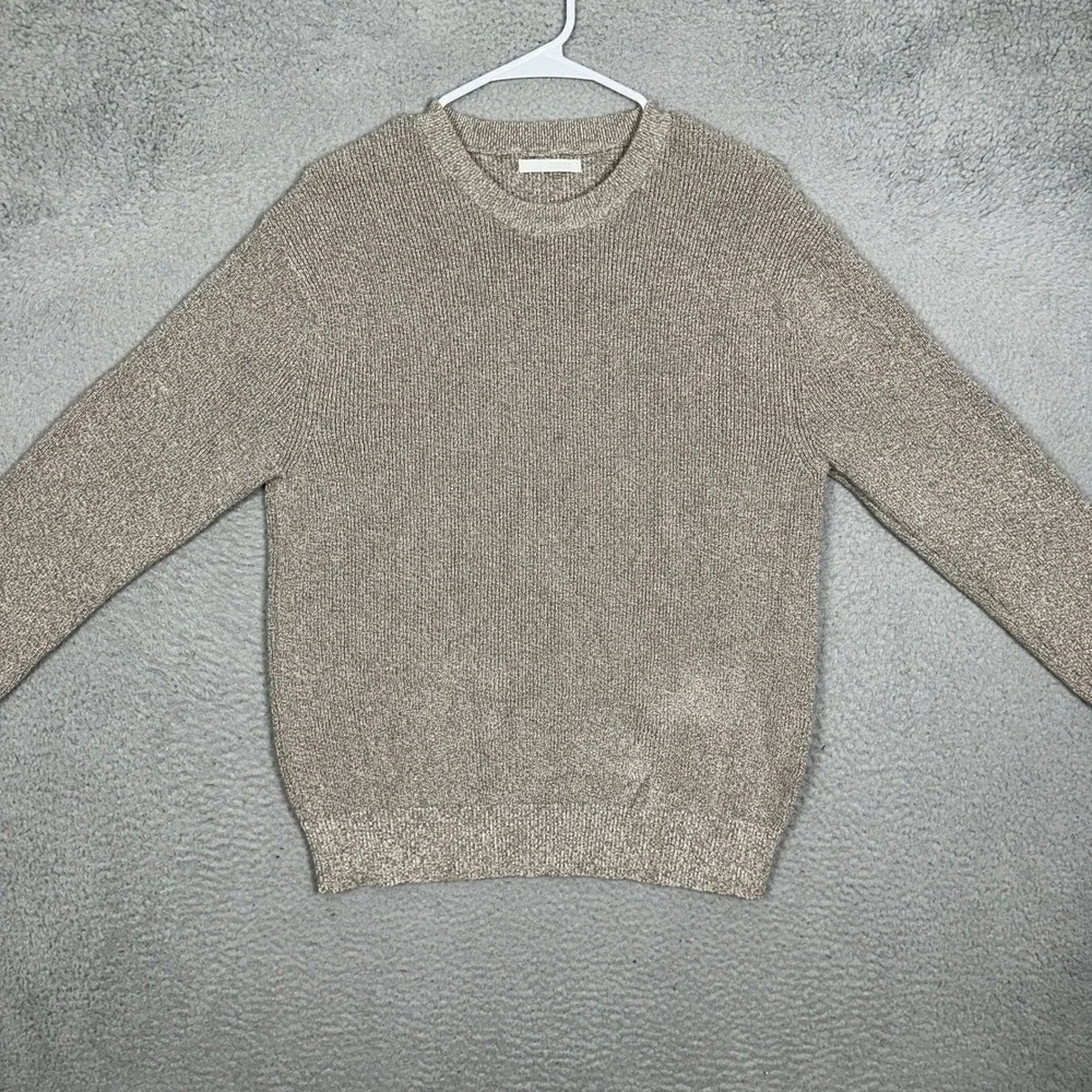 Zara Sweater Mens Large Ribbed Knit Tan White Heathered Crew Neck Pullover EUC